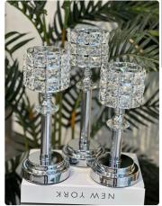 3 lü ayaklı taşlı şamdan seti gümüş